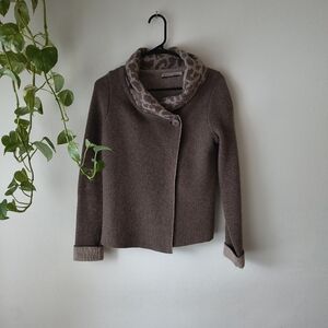 Chiaramente Italy Wool Blend Knit Wrap Jacket - Brown Leopard Collar - Size S